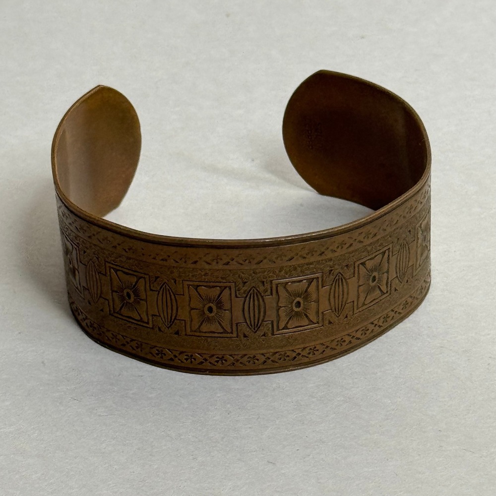 Vintage Copper Cuff Bracelet Etched Geometric Floral Boho Bangle